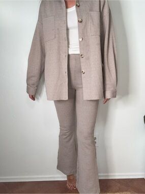 12th Tribe Ribbed Wide-Leg Knit Pants in Taupe